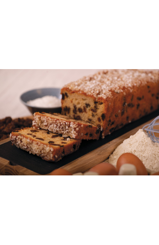 Rich Sponge cake packed with sultanas and topped with sugar nibs and a syrup glaze.